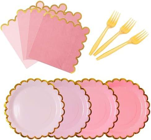 Pink & gold mix scalloped party plates with napkins and fork gold foil border, 24 Guest Pink disposable Tableware Set Party Decoration for Birthday Coquette Bridal Baby Shower Valentines by Leapig