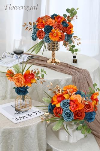 Floweroyal Artificial Flowers Combo Orange Flowers Mix Silk Flowers Fake Roses with Stems for DIY Wedding Bridal Bouquets, Baby Shower, Floral Arrangement, Table Centerpieces, Home Decorations - Image 4