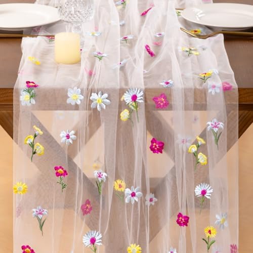 Flower Table Runner Fall Daisy Floral Tulle Cheesecloth Wedding Decor - Image 3