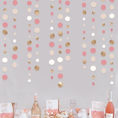 Champagne Gold Dusty Pink Decorations Circle Dots Garland Gold Pink Nude Neutral Cream White Boho Hanging Polka Dot Streamer for Bridal Shower Birthday Wedding Engagement Party Supplies by pinkblume