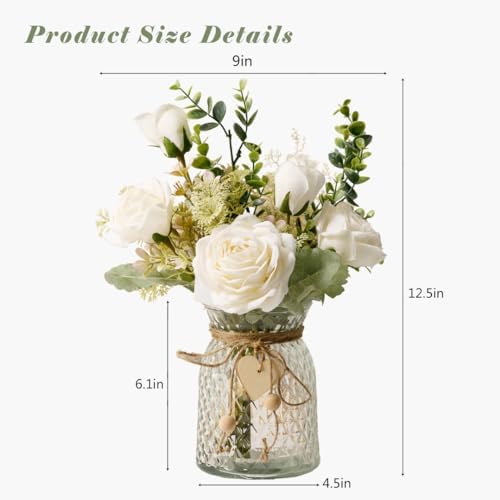 YJ Fake Flowers with Vase, Silk Roses Artificial Flowers in Vase, Faux Flower Plant Arrangement Suitable for Home Office Decoration, Dining Table Centerpiece(White) - Image 3