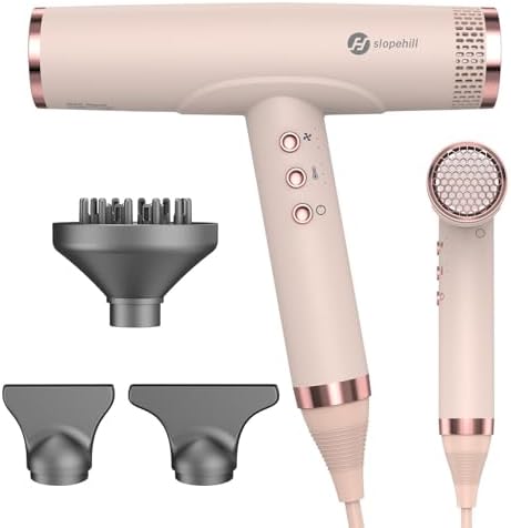 slopehill Professional Ionic Hair Dryer, High-Speed Blow Dryer with Brushless Motor for Salon Use, Lightweight Compact Hairdryer for Travel, Low Noise Quiet for Home, Ceramic Pink by slopehill