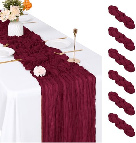 6 Pack Burgundy Cheesecloth Table Runner, 17 x 108 inch, Semi Sheer Boho Cheese Cloth Fabric Table Runner Bulk for Wedding, Birthday, Party, Holiday, Home Decor (Burgundy) by ACSUIT
