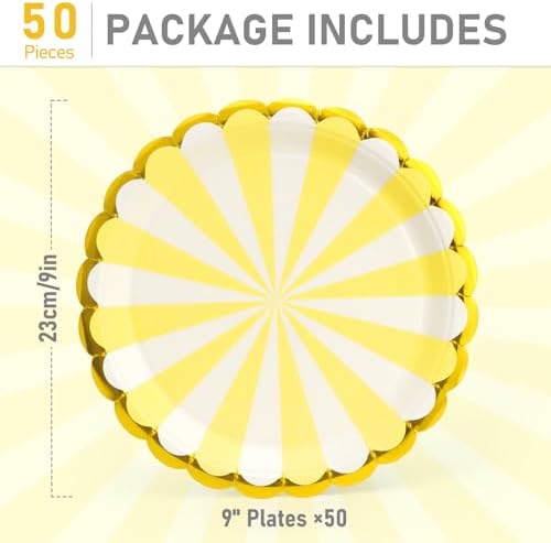 50 Pcs Yellow Party Paper Plates with Gold Scalloped Edge, Yellow Disposable 9 inch Scalloped Paper Dessert Plates Party Supplies for Birthday Bridal Shower Picnic, Striped - Image 3