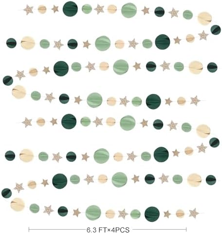 Champagne Gold Sage Green Beige 3D Polka Dot Star Hanging Streamer Circle Dot Star Garland Banner for Neutral Birthday Wedding Engagement Safari Jungle Woodland Party Decorations Supplies - Image 2