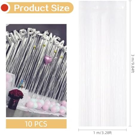 10 Pack White Foil Curtain Backdrop 3.2ft x 9.8ft Black Metallic Tinsel Foil Fringe Curtains Streamer Photo Booth Backdrop for Birthday Party Engagement Bachelorette Party Decorations (White) - Image 3