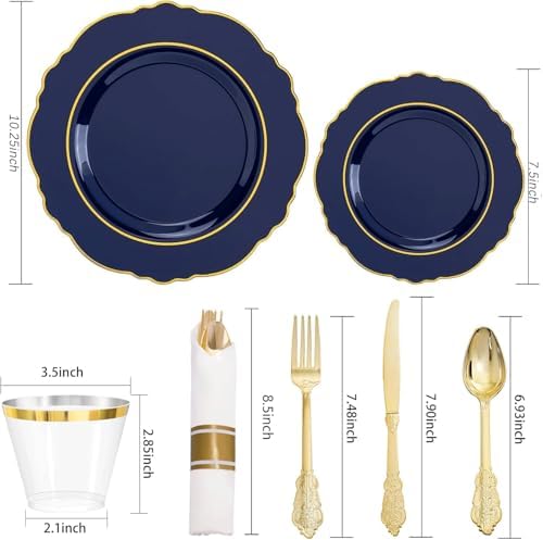 Liacere 350PCS Navy Blue Plastic Patriotic Plates-Disposable Blue Gold Plates 50guest Plastic Dinnerware include 100Plates,50Pack Pre Rolled Napkins with Silverware 50Cups for Party/Wedding/Halloween - Image 3