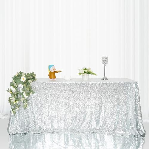Eternal Beauty Silver Sequin Tablecloth 60 x 120-Inch Sparkly Overlay Rectangle Glitter Table Cover for Wedding Party Birthday Decoration - Image 4