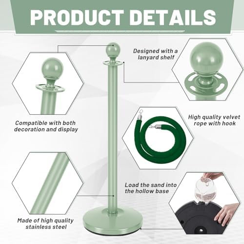 Ferraycle 4 Pcs Stainless Steel Stanchions 38 Inch with Velvet Rope, Green - Image 4