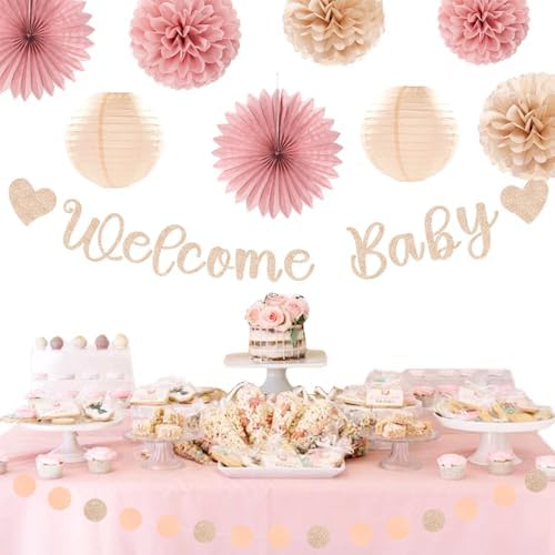 Blush-Pink Rose-Gold Fall Baby-Shower Party-Decorations - 31pcs Welcome Home Banner Sign,Neutral Paper Lanterns,Girl Streamers Garland,Boho Hanging Tissue Pom Poms Flowers Fans Backdrop Decor Burgleda - Image 5