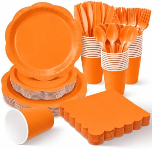 Orange Party Dinnerware Set, 175 Pcs Disposable Decagonal Paper Plates, Cups, Napkins and Plastic Cutlery, Serves 25 for Halloween, Thanksgiving and Fall Parties by Unknown