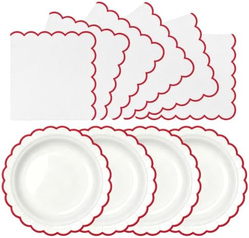50 Pcs Red and White Paper Plates and Napkins, 7 Inch Disposable Scalloped Plates & Napkins Party Supplies Cake Dessert Plate Tableware for Baby Shower Bridal Shower Wedding Birthday by Unknown