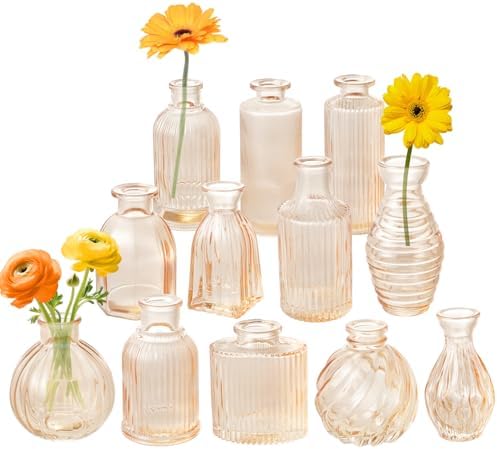 Champagne Bud Vases Set of 12 Amber Glass Vase for Decor Centerpieces, Small Ribbed Vases for Flowers Stripe Modern Bud Vases in Bulk Vintage Vases for Floral Wedding Party Table Decoration Home Decor by PHUNTTEK