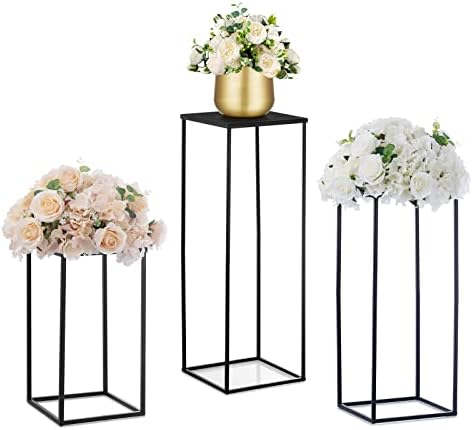 Nuptio Black Vase Plant Stand - 3 Pcs Tall Flower Vases for Wedding Birthday Party Centrepieces - Metal Column Display Table Rack Indoor Corner Flower Stand for Living Room Decor(15.7/23.6/31.5in) by Nuptio