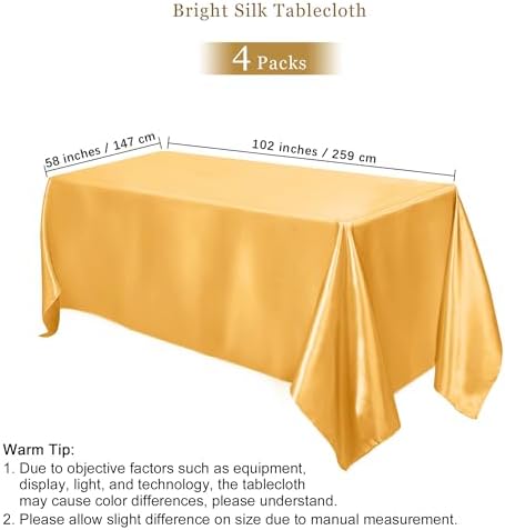 TURSTIN 4 Pack Gold Satin Tablecloth 102 x 58 Inch Overlay Table Cover - Image 2
