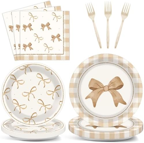 CHUNNIN 96Pcs Beige Plaid Bow Plates and Napkins Party Decorations Bow Theme Dessert Paper Plates Napkins Forks Birthday Tableware Set for 24 Guests Girls Boys Baby Shower Picnic BBQ Party Supplies by CHUNNIN