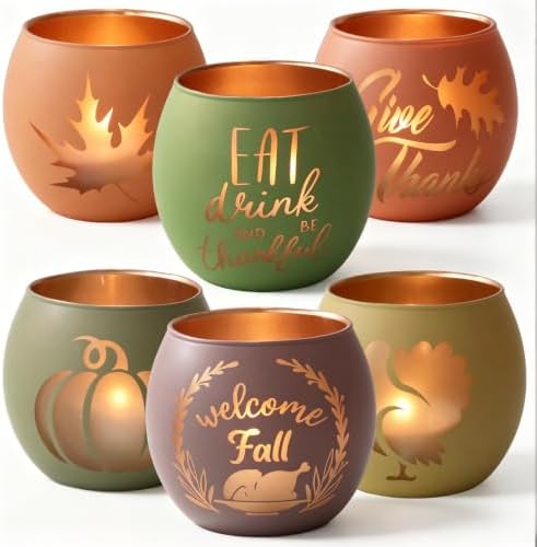 Thanksgiving Votive Candle Holder Set of 6 for Fall Table Centerpiece Decor by SHMILMH