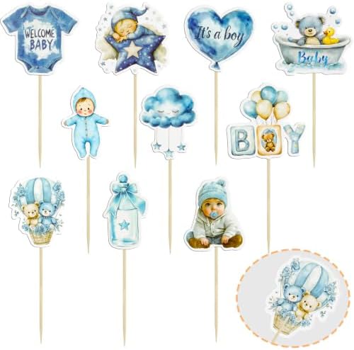 Gyufise 40Pcs Baby Boy Cupcake Toppers Baby Shower Decorations for Boys Balloon Star Moon Bear It's a Boy Cupcake Picks for Baby Shower Kids Boys Birthday Party Supplies Deep Blue - Image 3