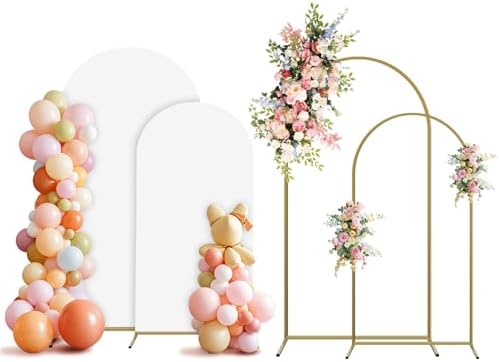 Arch Backdrop Stand and Cover Set, 2 Metal Balloon Arch Backdrop 7.2ft 6ft, Gold Arched Stand Frame for Wedding, Parties,Birthday,Decorations (White,7.2ft+6ft) by Holldoor