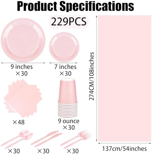 229PCS Pink Party Supplies Set Disposable Paper Plates Cups - Image 2