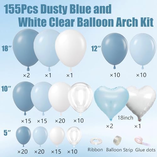Dusty Blue Balloon Arch Kit 155Pcs Light Blue and White Clear Balloons Different Size for Wedding Birthday Baby Shower Gender Reveal Bridal Party Decorations - Image 3