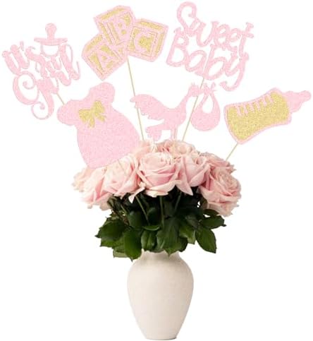 Gyufise 12Pcs Baby Shower Centerpiece Sticks Glitter Tie Onesie Oh Baby Gender Reveal It's a Girl Table Centerpiece Sticks for Baby Shower Gender Reveal Kids Birthday Party Supplies Light Pink by Gyufise