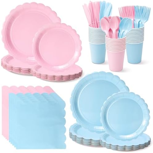 Vyntra 350 Pcs Pink and Blue Paper Plates and Napkins Party Supplies by PartyTablewareSupplies
