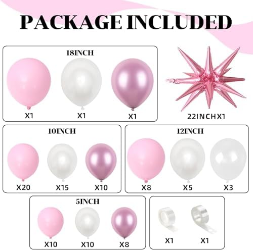 Pink and White Balloon Arch Kit, Pastel Pink Metallic Pink Pearl White Balloons Garland with Clear Balloons Explosion Star Foil Balloons for Girls Birthday Valentine's Day Princess Party Decorations - Image 2