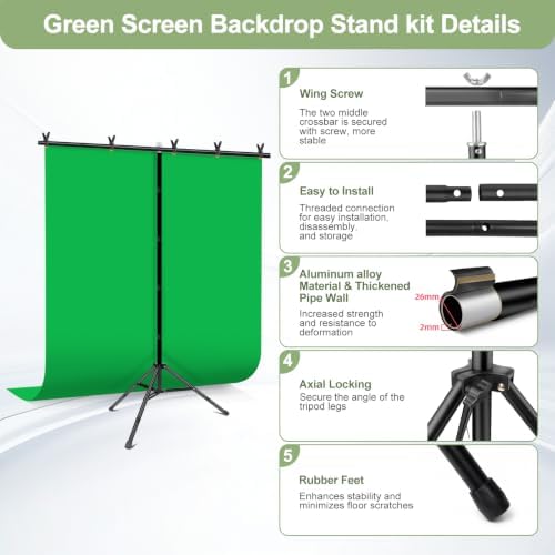 Green Screen Backdrop Kit with Stand for Streaming, 5x7ft Photo Greenscreen Background with Portable T-Shape Stand and 5 Clamps for Photography Photoshoot, Studio Video Recording - Image 6