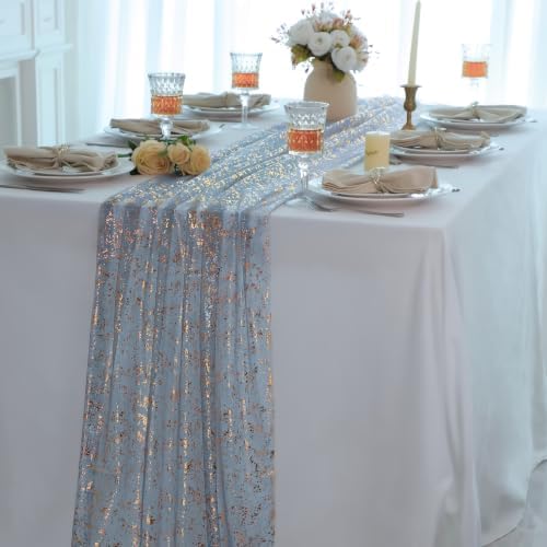 3Pcs Dusty Blue Gold Table Runner Metallic Foil Shimmer Sheer Gauze 10ft - Image 5