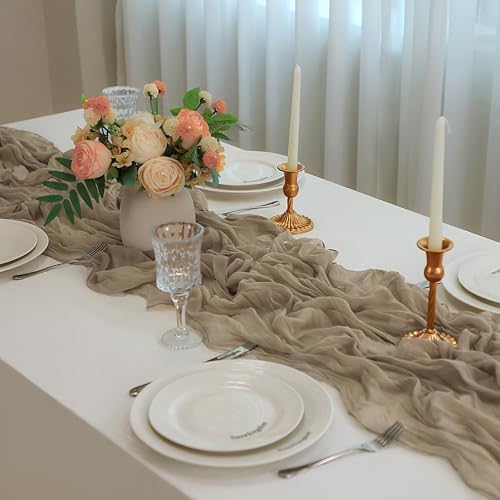 Snowkingdom 6 PCS Nude Brown Cheesecloth Table Runner, Taupe Light Tan 120 inch Long Boho Gauze Sheer Runner for Wedding Baby Shower Birthday Christmas Holiday Party Table Decorations - Image 6