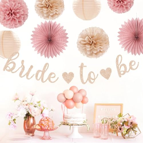 Blush-Pink Rose-Gold Bridal-Shower Fall Party-Decorations - 31pcs Bride to Be Sign Banner,Bachelorette Paper Lanterns,Wedding Streamers Garland,Boho Peach Tissue Pom Poms Fans Decor Supplies Burgleda - Image 4