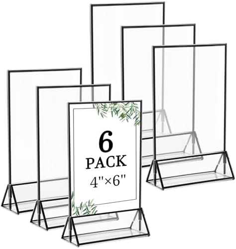 Floroom 6 Pack 4x6 Inch Clear Acrylic Sign Holders, Black Border Double-Sided Vertical Picture Frames & Display Stands for Table Numbers, Photos, Menus, Flyers, Weddings, Parties & Events by Floroom
