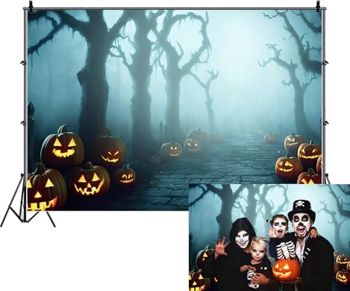 Misty Forest Backdrop for Halloween Eve Party Glowing Pumpkin Lantern Spooky Dense Fog Dead Trees Stone Path Horror Night Photography Background Photo Booth Studio Props 8x6ft - Image 3
