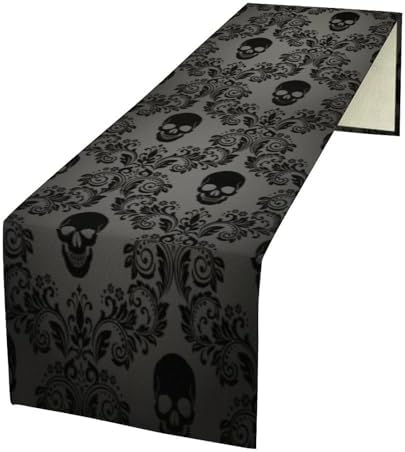 Gothic Black Damask Table Runner, Vintage Floral Exotic Suger Skull Bone Skeleton Bohemian Antique Victorian Baroque Dinner Runner for Farmhouse Party Holiday Home Kitchen Dining Table Decor 13"x36" by SHElifestyle