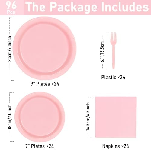 96 Pcs Party Plates, Pink Paper Plates and Napkins, Disposable Tableware Set, Party Supplies for Kids Birthday Baby Shower Wedding Picnic, Serve for 24 Guests - Image 2