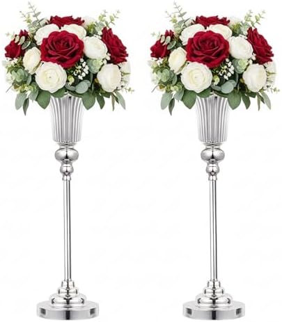 22.5inch Versatile Metal Wedding Centerpiece Vases - Set of 2 Tall Silver Trumpet Vases, Elegant Silver Centerpiece Stands for Road Leading Wedding Reception Party Event Anniversary Home Decor by Lovecat