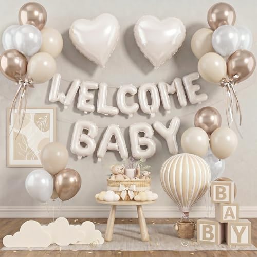 White and Gold Baby Shower Decorations, WELCOME BABY Letter Foil Balloons Banner Backdrop Set with Cream Beige Champagne Gold Latex & Heart Balloon for Newborn Babyboy Babygirl Infant Party Decoration by KYGNE