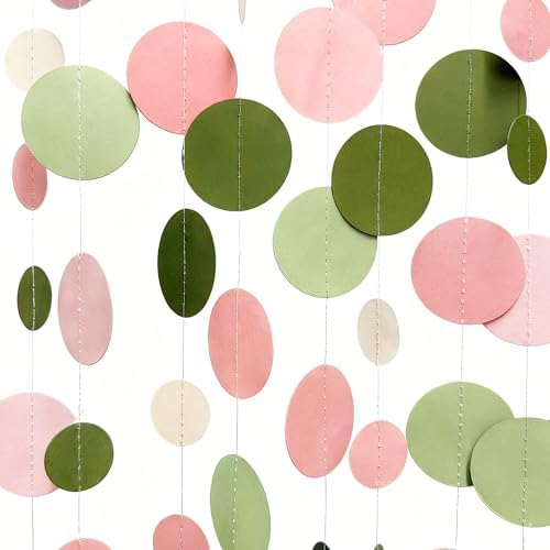 Sage Green and Dusty Pink Polka Dots Garlands Olive Green Dusty Rose Beige Hanging Paper Circle Dots Streamer for Girls Birthday Wedding Shower Engagement Bachelorette Party Decorations Supplies - Image 3