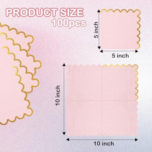 100 pack Pink Cocktail Napkins with Gold Foil Accents Scalloped Edges 5 x 5 inch Beverage Disposable Napkin Party Decoration Wedding Bridal and Baby Shower Dinner Lunch Supplies - Image 2