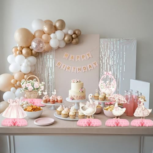12 Pcs Pink Goose Baby Shower Decorations for Girl - Goose Baby Shower Centerpieces for Tables - Vintage Pink Goose Honeycomb Table Decor with Bow Floral for Girl Baby Shower 1st Birthday - Image 4