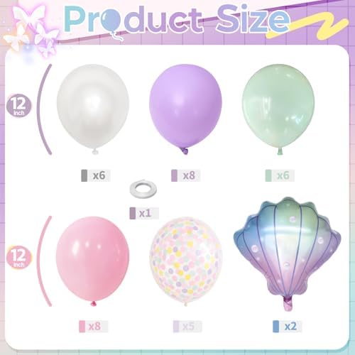 Mermaid Balloons, Pastel Pale Pink Light Purple Lilac Teal Pearl White Balloons with Seashell Foil Balloon Confetti Balloon for Girls Kid Sea Birthday Party Ocean Under The Sea Baby Shower Decorations - Image 2