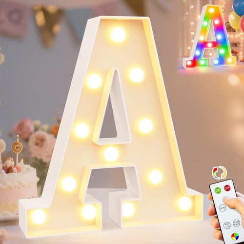 Pooqla LED Light Up Letters, Warm White and Colorful Lighted Marquee Letters with Remote, Lighted Letter for Party Birthday Decorations, Gift for Girls Boys Night Light, Wedding Home Decor, Letter A by Pooqla