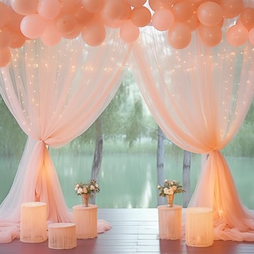 20×10ft Peach Tulle Backdrop Curtain with Lights String for Parties, Sheer Photo Curtain Backdrop Drapes for Wedding Party Photography Decorations - Image 3