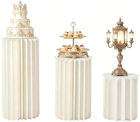 Cylinder Stands for Party,Set of 3, Foldable Cardboard Centerpiece Display,White Cylinder Stands for Party, Reusable Wedding Decorations,Display Pedestals for Parties. 3-Size Set - 110LBS Load-Bearing Folding Hexagon Displays, Wedding or Birthday Event... by IOENC