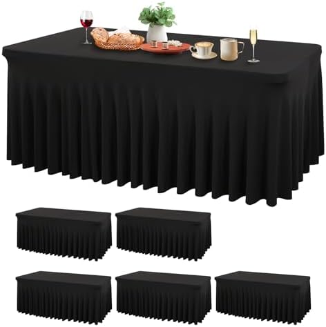Wish Care 6 Pack Black Spandex Table Cloths for Rectangle Tables 6ft - One-Piece Wrinkle Free Fitted Table Cover 6 Foot Table Stretch Tablecloths for Party, Banquet, Wedding and Events by WishCare