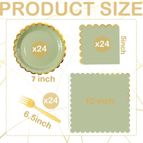 Sage green & gold scalloped party plates with napkins and fork gold foil border, 24 Guest green disposable Tableware Set Party Decoration for Birthday Coquette Bridal Baby Shower Valentines - Image 6