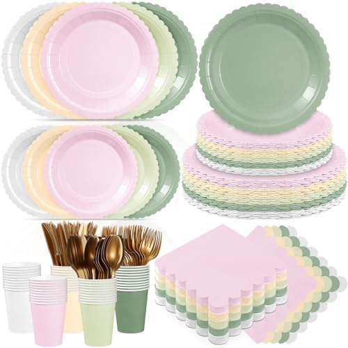 Zhehao 175 Pcs Pink and Green Party Plates Cups Napkins Set by Zhehao
