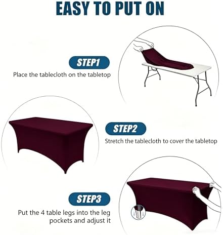 6FT Burgundy Table Cloth - 2 Pack Fitted Stretch Rectangle Spandex Tablecloth, Washable Table Cover for Party, Picnic, Wedding, Banquet, Birthday and Festival(30" x 72") - Image 4
