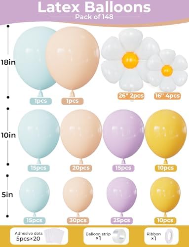 Daisy Balloon Arch Garland Kit - 148 Pcs Groovy Pastel Balloon Arch with Flower Balloons in Purple, Blue, Orange, Yellow for Boho Girl Birthday, Baby Shower, Wildflower Party Decorations - Image 2